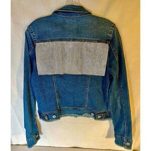 Nine West Denim Jacket W Rhinestone Back Flap & Distressed Frayed Hem & Sleeves